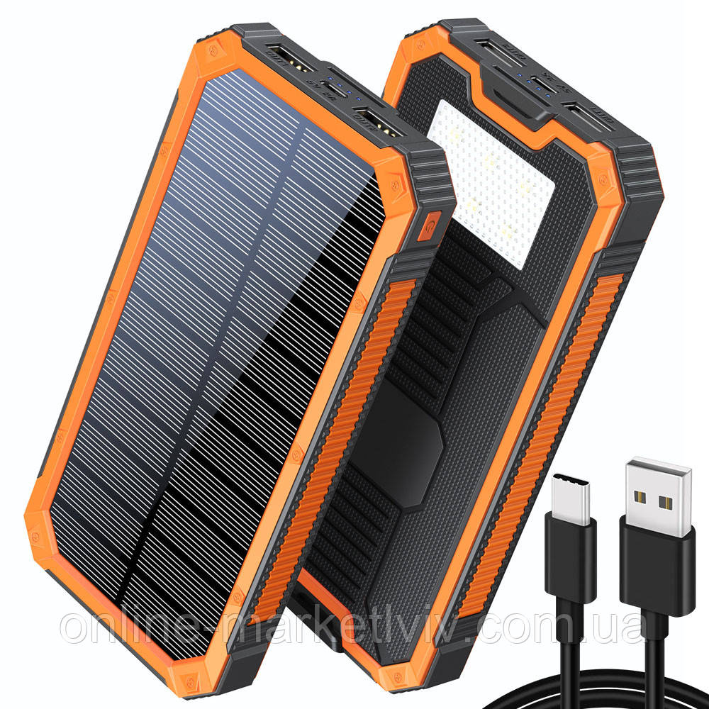 Повербанк із сонячною панеллю 10000мАч, 2хUSB + ліхтарик / Power Bank / Павер банк для телефону / УМБ