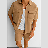 Мужской летний костюм оверсайз рубашка с коротким рукавом и шорты, мужской костюм двойка на лето Бежевый