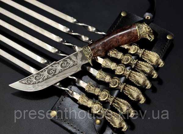 Комплект шампурів ручної роботи на подарунок "Птахи" з ножем у шкіряному сагайдаку, фото 1