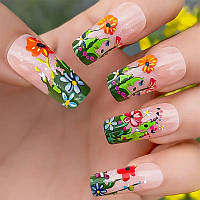 Глянцеві квадратні накладні нігті з соняшником і маргаритками 24 шт. з пилочкою