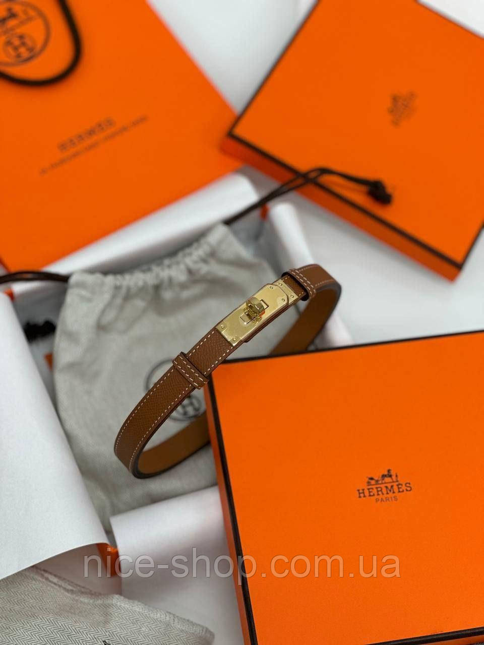 Ремінь шкіряний коричневий  H.E.R.M.E.S, пряжка золото