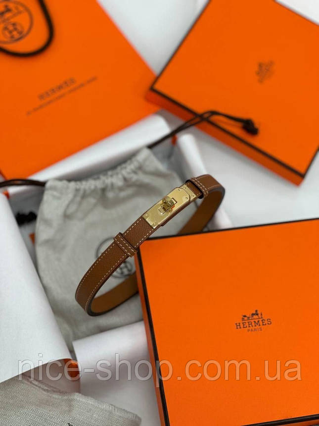 Ремінь шкіряний коричневий  H.E.R.M.E.S, пряжка золото, фото 1