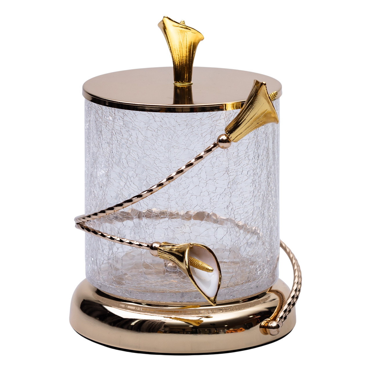 Цукерниця скляна 14×20 см з квітковим металевим декором з кришкою, вишукана ваза золотистий аксесуар елегантна, фото 1