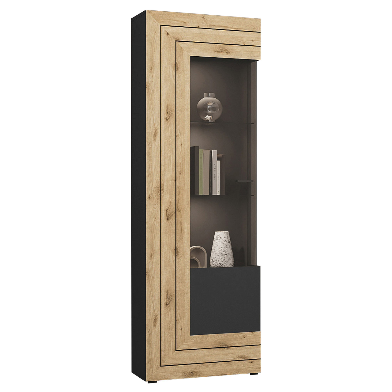 Сучасна скляна вузька пенал вітрина 60 см для посуду у вітальню зал Джейкоб Сокме дуб вікінг антрацит, фото 1