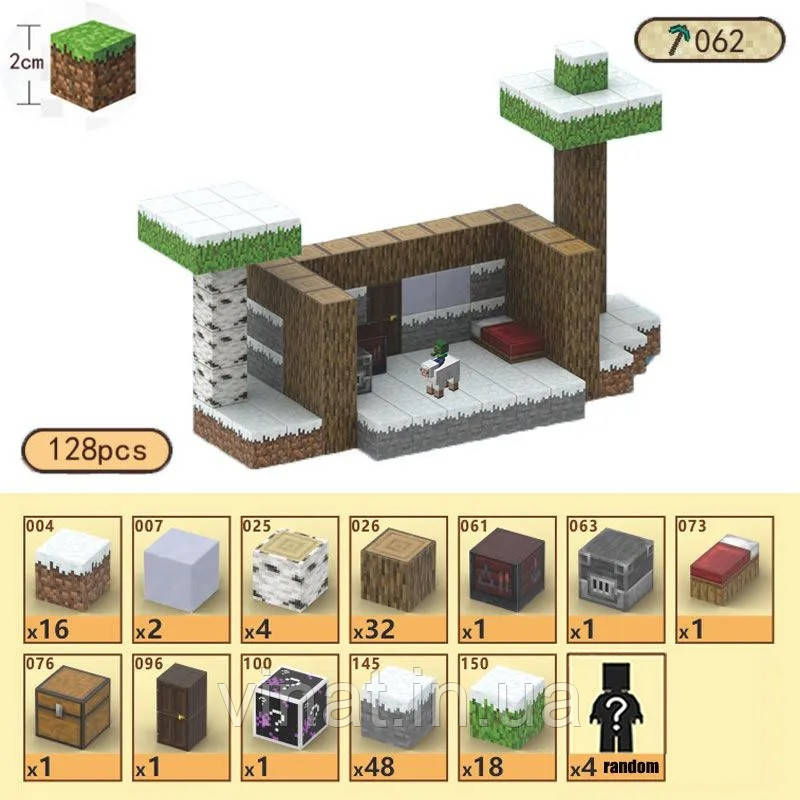 Магнітний конструктор Minecraft Сніговий будиночок 128шт + 4 фігурки Майнкрафт Дитячий конструктор на магнітах