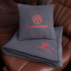 Подушка та плед в автомобіль з логотипом Volkswagen, флісовий набір