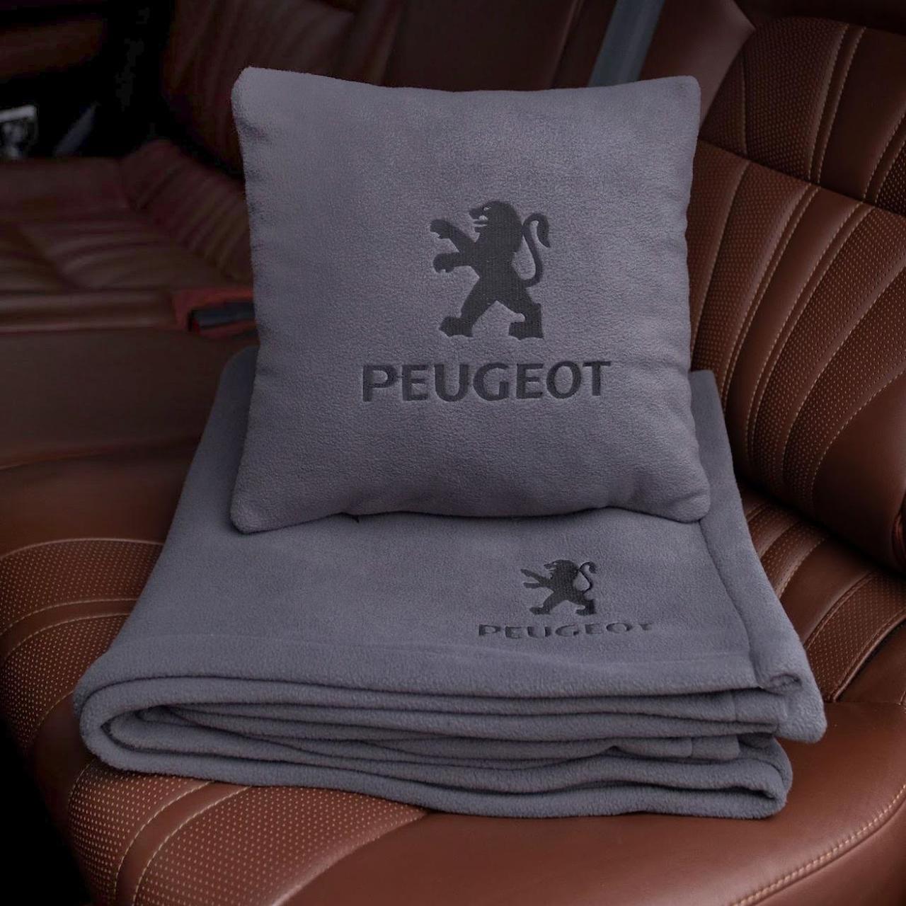 Подушка та плед в автомобіль з логотипом Peugeot, флісовий набір, фото 1