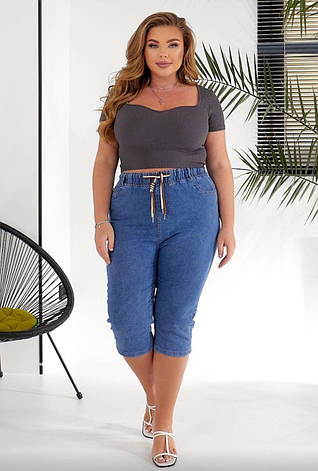 Капрі жіночі джинсові в синьому кольорі з поясом на резинці кольори 44, 46, 48, фото 1