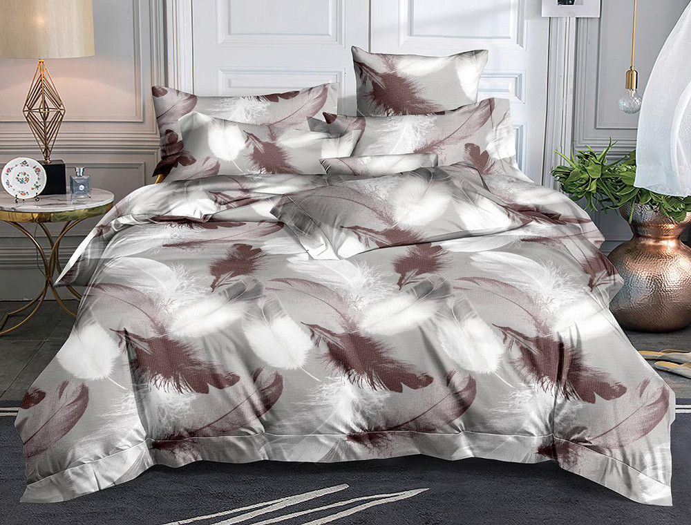 Світла сіра постільна тканина 220 см із принтом пір'я, 100% Поліестер 75 синтетичний, рулон 60 м