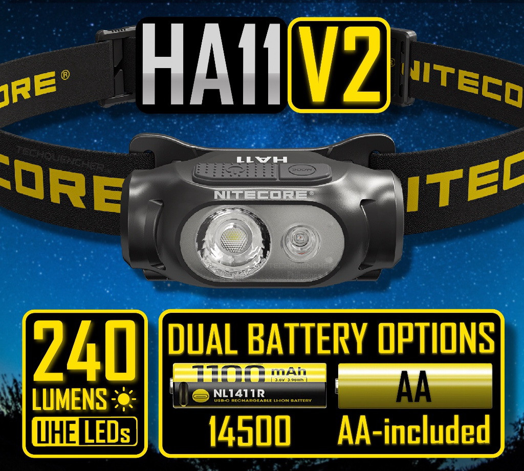 Надлегкий налобний ліхтар NITECORE HA11 UHE з червоним світлом (240LM, IP66, 90 м, АА/14500)