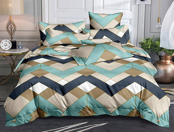 Синтетична бірюзова тканина 220 см для постільної білизни Поліестер 75 з геометричним принтом, рулон 60 м, фото 1