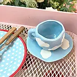 Чайна пара – подарункова чашка 300 мл з блюдцем. Чайний, кавовий керамічний набір Хмарки, фото 8