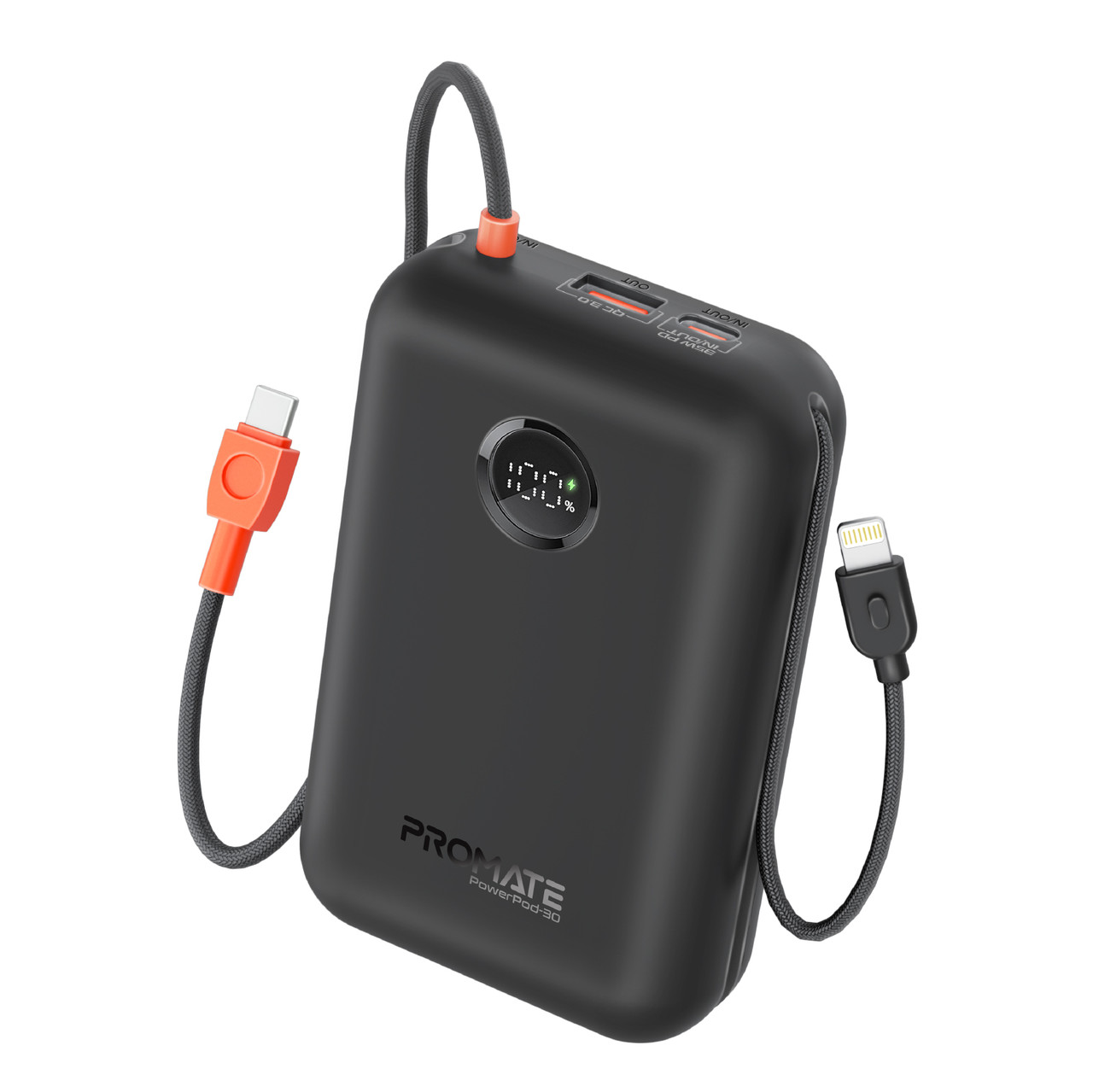 УМБ Promate PowerPod-30 30000 mAh, USB-C/USB-А порт, USB-C/Lightning конектори Black (powerpod-30.black)