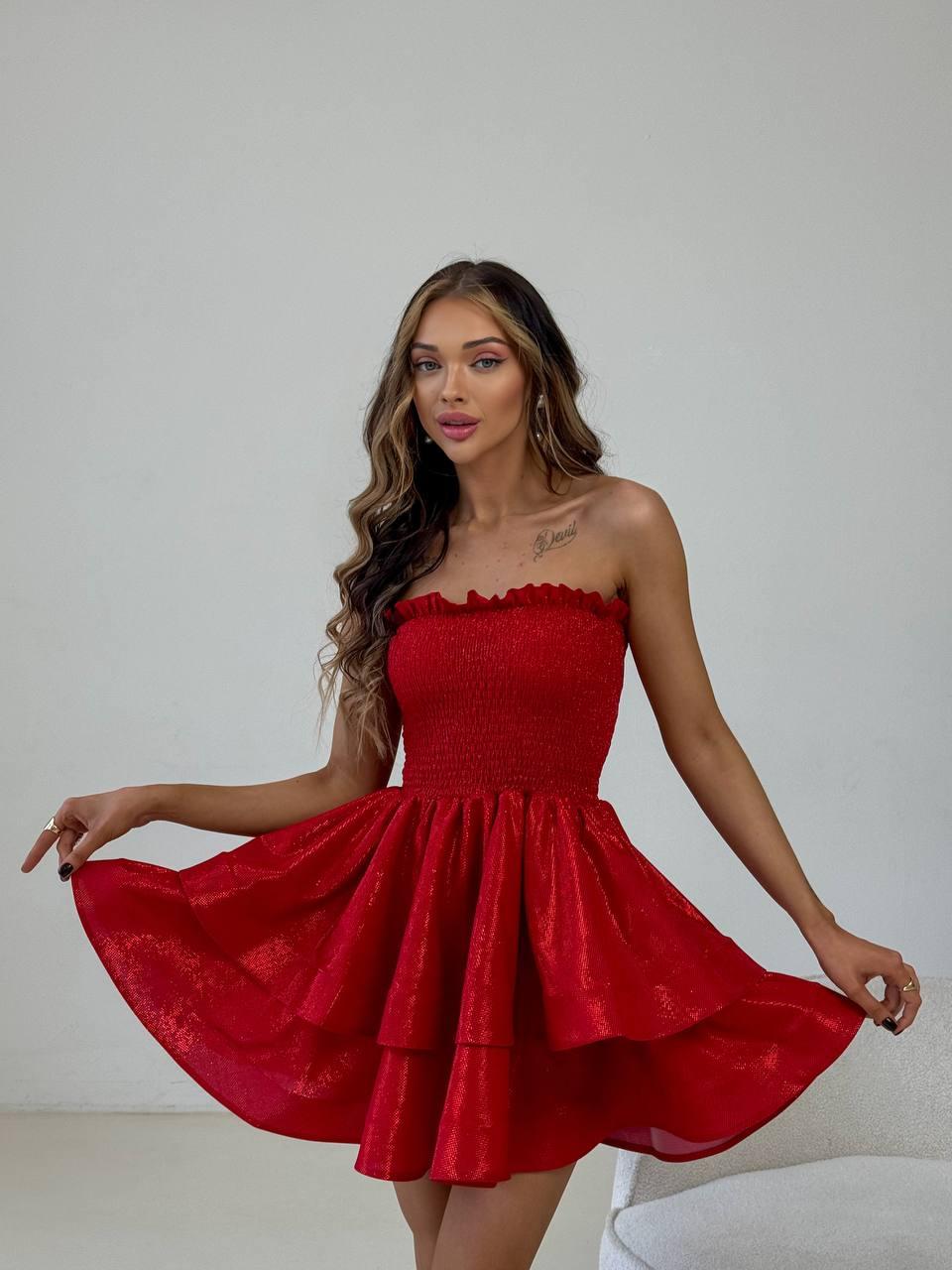 Коротке плаття з люрексу з пишною спідницею і відкритими плечима без рукавів (р.S-M) 66035984Q, фото 1