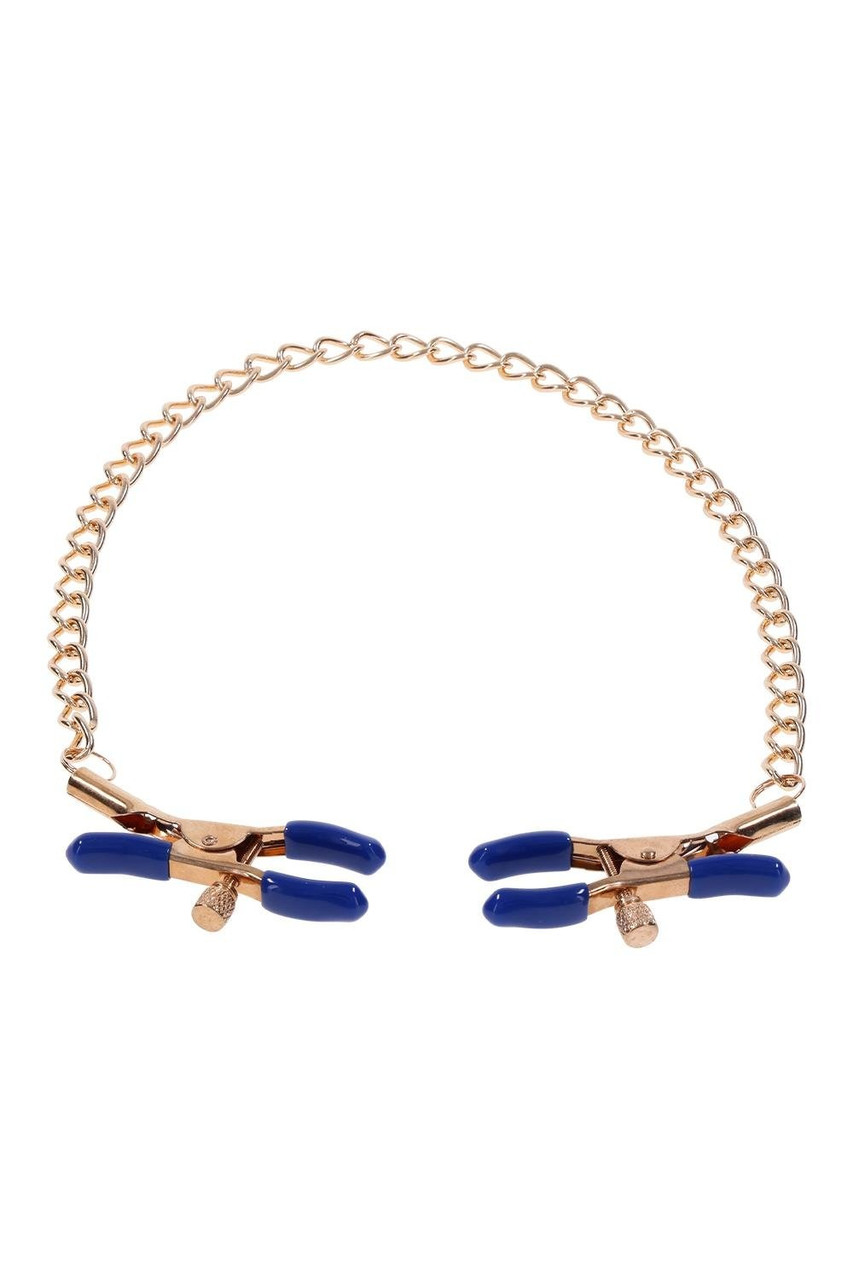 Золотисті затискачі для сосків Sex & Mischief Cougar Chained із синіми наконечниками