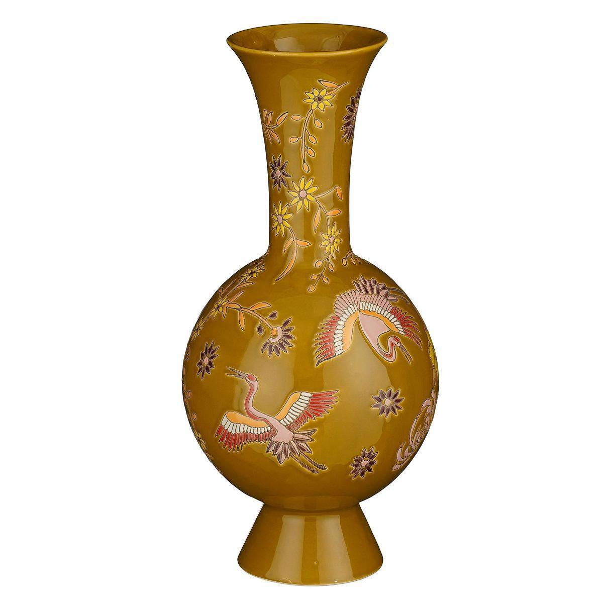 Ваза з кераміки висока в золотистому кольорі з малюнком квітів і птахів Edelman, фото 1
