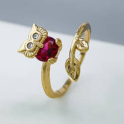 Кільце Сова з малиновим цирконієм; р.18+; р.19+; позолота 18К