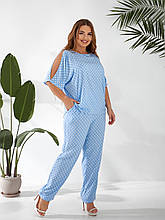 Костюм жіночій великих розмірів із штапелю у горошок Анже блакитний (50-64)