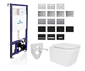 Комплект 5в1: інсталяція Koller Pool + безобідковий квадратний унітаз, білий, змив Rimless + клавіша на вибір