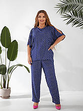 Костюм жіночій великих розмірів із штапелю у горошок Анже синій (50-64)
