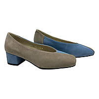 Туфлі човники жіночі двохкольорові з натуральної замшевої шкіри бежевого та блакитного кольорів на підборах 4 см “Style Shoes”, фото 2