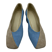 Туфлі човники жіночі двохкольорові з натуральної замшевої шкіри бежевого та блакитного кольорів на підборах 4 см “Style Shoes”, фото 4