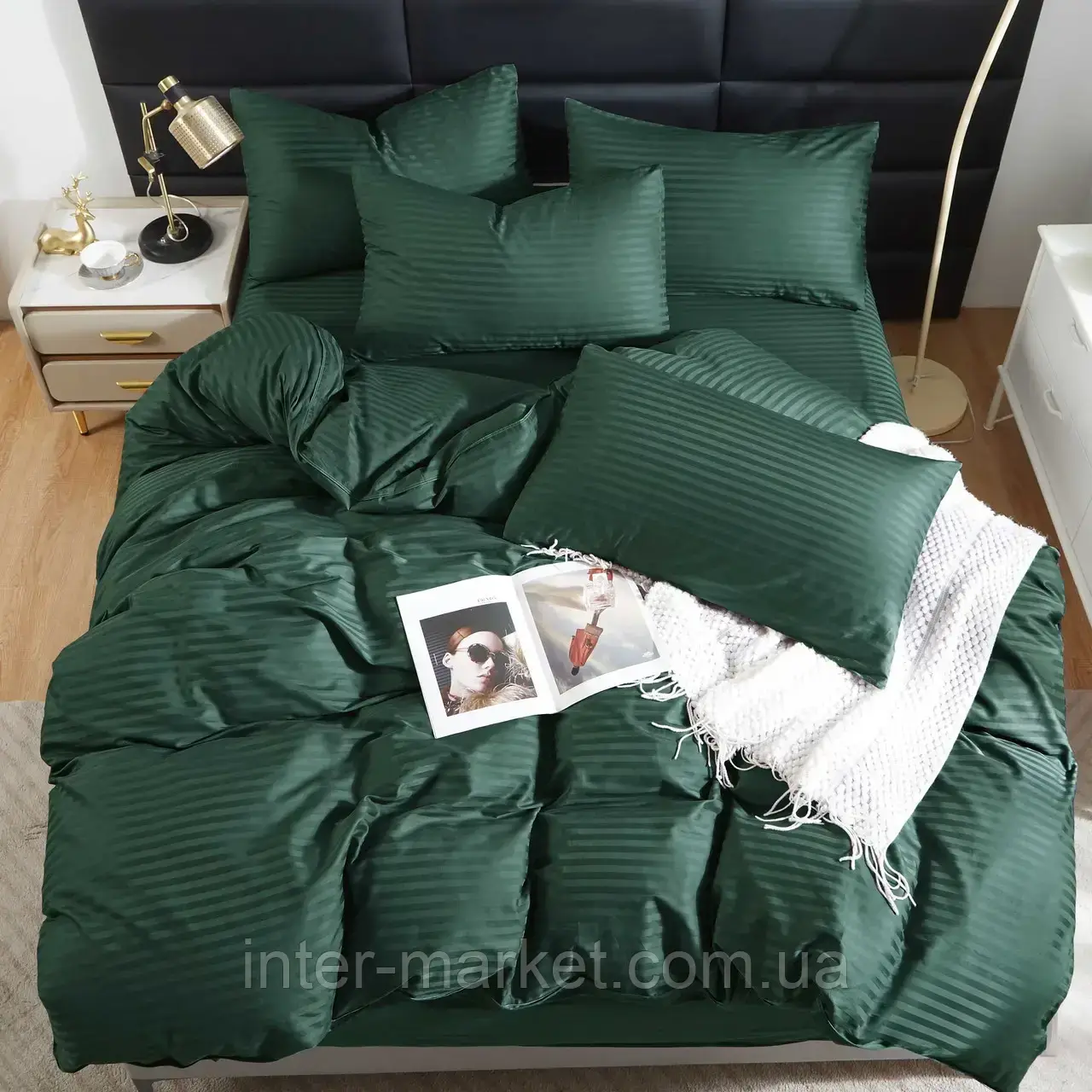 Двуспальний комплект постільної білизни Страйп Сатин LUX 180*220 Зелений
