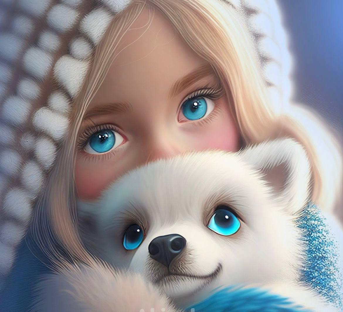 Алмазна мозаїка "Голубоока дівчинка з щеням", 20*20см, на рамці, в кор.21*21*2,5см, ТМ Dreamtoys, фото 1