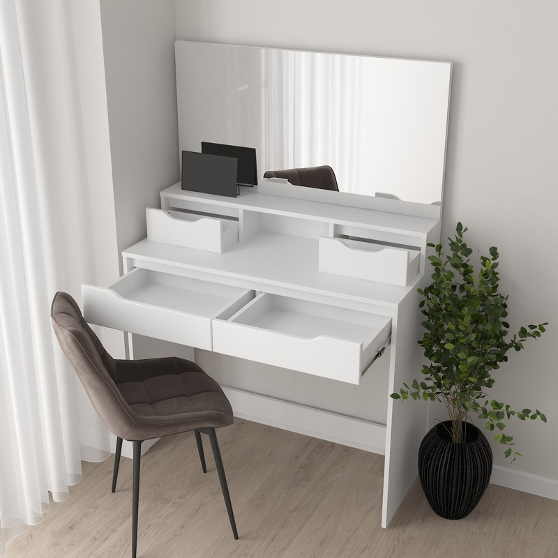 Косметичний будуарний столик із дзеркалом і 4 висувними шухлядами для зберігання з ЛДСП Стіл для макіяжу 1000 мм, фото 1