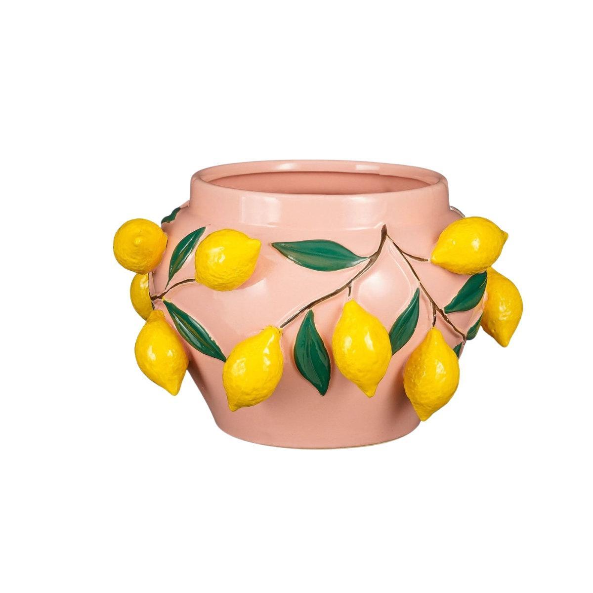 Кашпо з кераміки рожеве декороване рельєфним листям і лимонами Edelman, фото 1