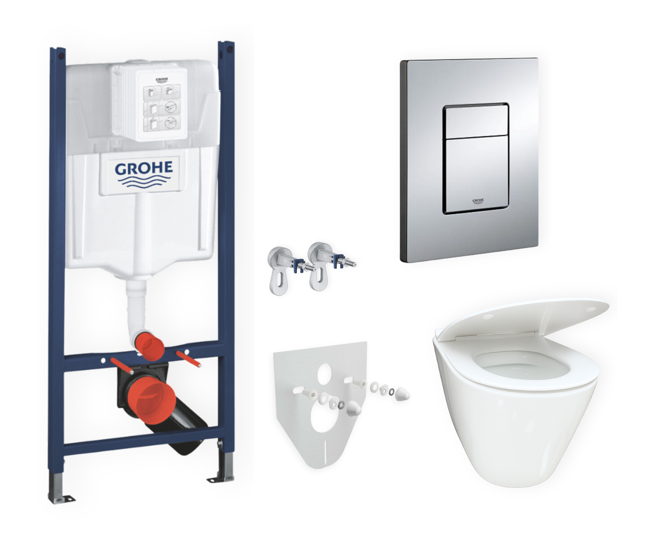 Комплект 5в1: інсталяція Grohe Rapid + безобідковий унітаз VBI білий, змив TORNADO + клавіша хром глянцева