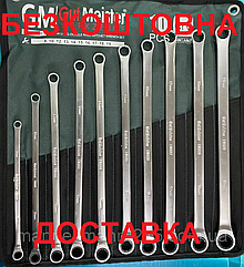 НАБІР КЛЮЧІВ НАКИДНИХ ПОДОВЖЕНИХ З ТРЕЩІТКОЮ В ПЛАХТІ GUT MEISTER 10ШТ 8-19MM