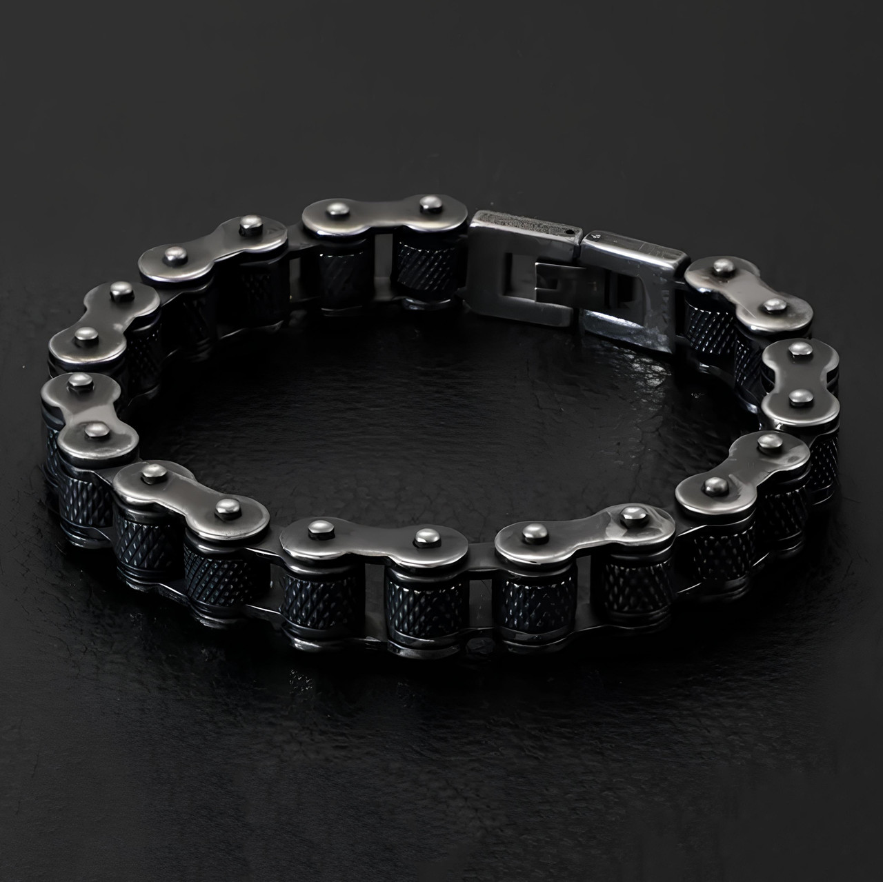 Чоловічий браслет RESTEQ з нержавіючої сталі у вигляді мотоциклетного ланцюга 23 см — чорний браслет зі сталі 316L, фото 1