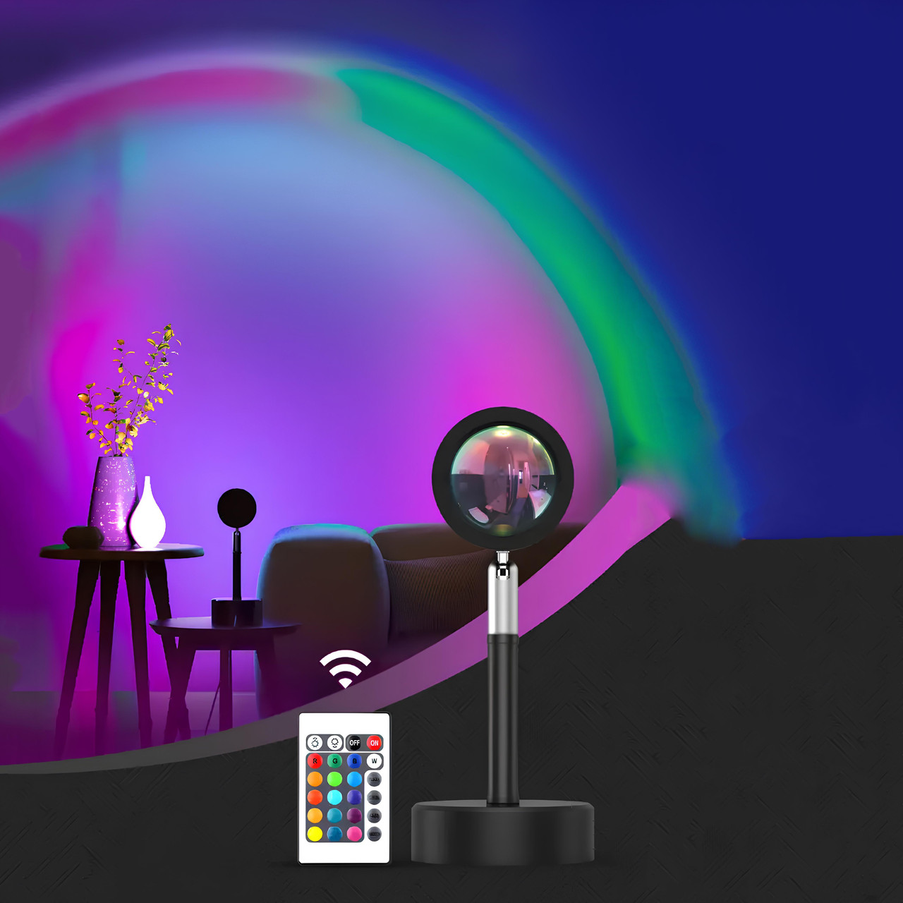 Проекційний нічник Захід сонця RESTEQ RGB (3 кольори, 12 відтінків). Нічний світильник Захід сонця USB різнокольоровий. Настільний