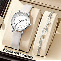 Милий білий жіночий кварцовий годинник з браслетом із знаком безкінечності і серцем, в сріблі
