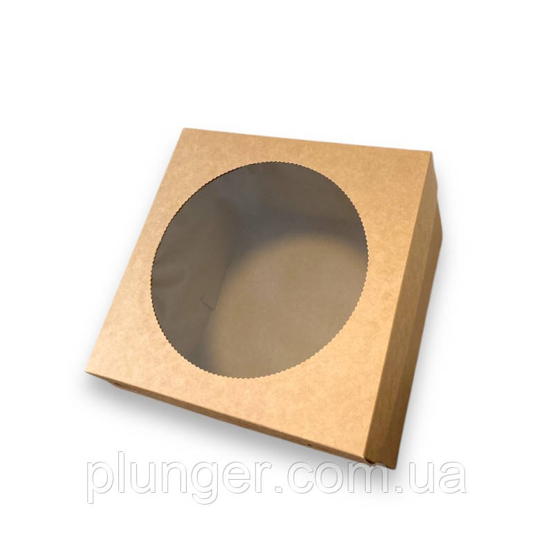 Коробка картонна для бенто-торта, чизкейка, пирога, з вікном, 20*20*15 см, Крафт, фото 1