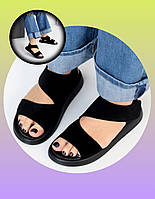 Жіночі босоніжки чорні замшеві на липучці зручні на низькому ходу Viki