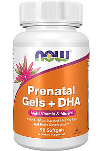 NOW Prenatal Gels + DHA Мультивітаміни для вагітних 250 мг DHA, олія огірочника (GLA), 90 капсул. До 10/2026
