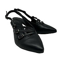 Слінгбеки (туфлі) жіночі з натуральної шкіри чорного кольору з гострим носком на підборах 4 см з ремінцями “Style Shoes”, фото 3