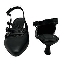 Слінгбеки (туфлі) жіночі з натуральної шкіри чорного кольору з гострим носком на підборах 4 см з ремінцями “Style Shoes”, фото 2