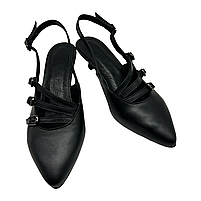 Слінгбеки (туфлі) жіночі з натуральної шкіри чорного кольору з гострим носком на підборах 4 см з ремінцями “Style Shoes”, фото 4