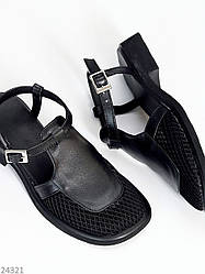 Люксові закриті чорні босоніжки натуральна шкіра + сітка