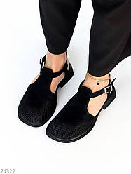 Люксові закриті чорні босоніжки натуральна замша+сітка