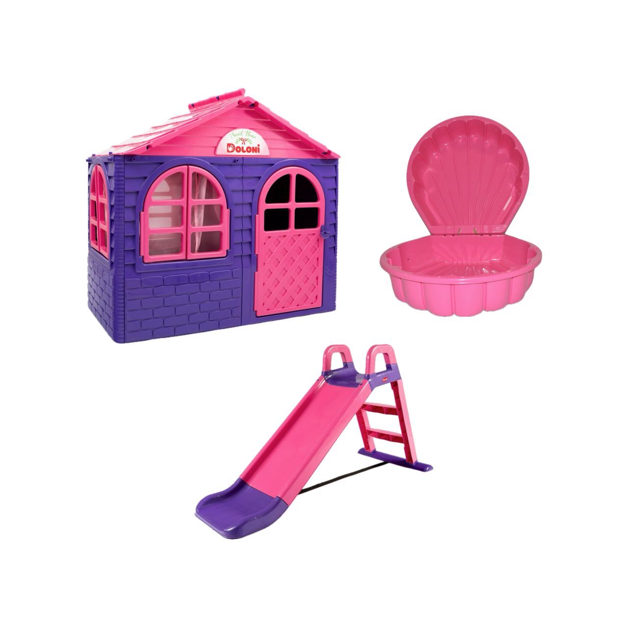 НАБІР Маленький дитячий ігровий пластиковий будиночок зі шторками, маленька гірка та пісочниця-мушля ТМ Doloni, фото 1