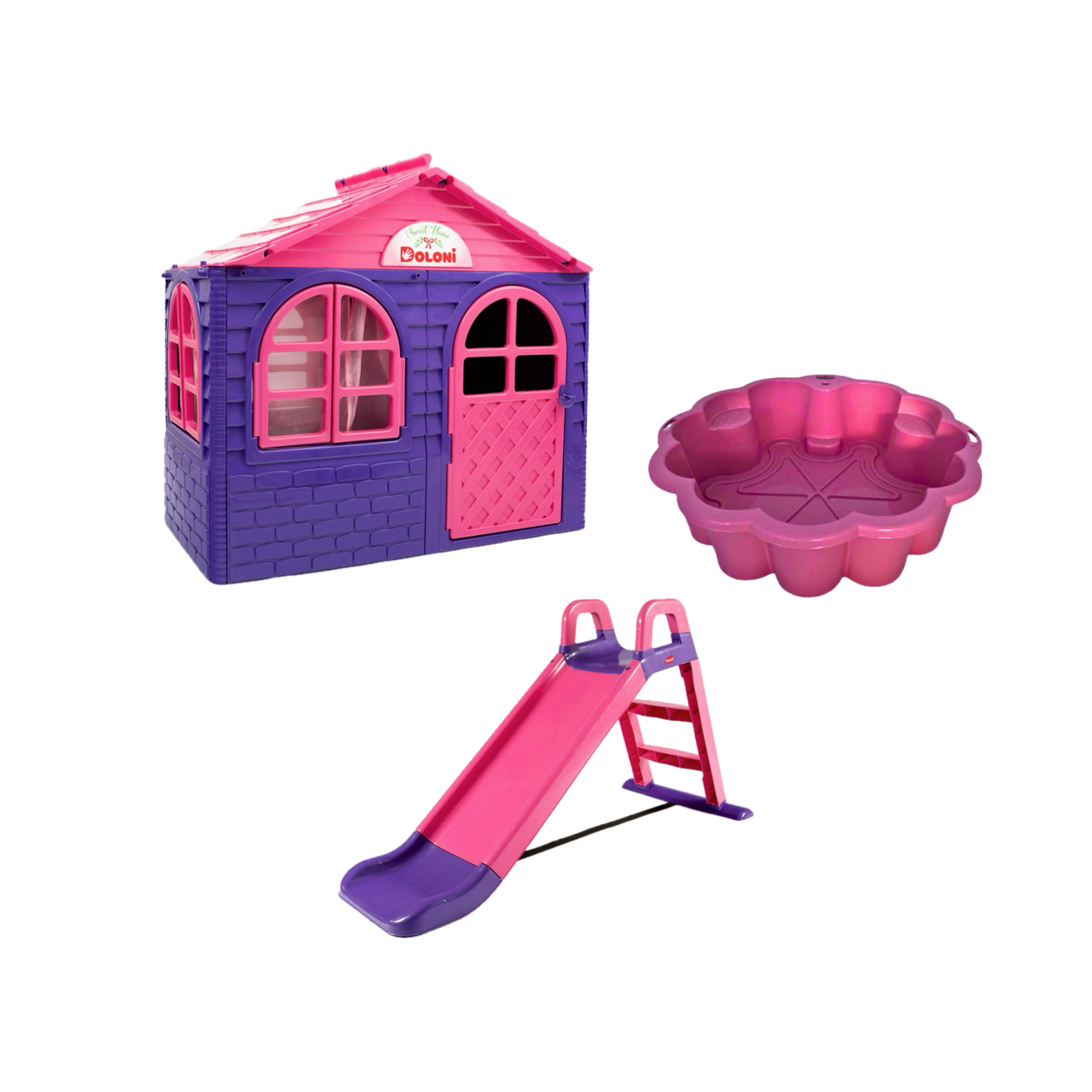 НАБІР Маленький дитячий ігровий пластиковий будиночок зі шторками, маленька гірка та пісочниця-басейн в формі квітки ТМ Doloni, фото 1