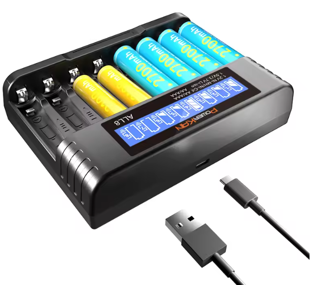 Зарядний пристрій POWERKAN ALL8, 8-слотовий високошвидкісний зарядний пристрій з LCD-екраном для акумуляторів AA/AAA