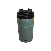 Термочашка Вишиванка 380 мл Керамічна колба Сіро-зелена Вакуумна термокухоль для чаю кави