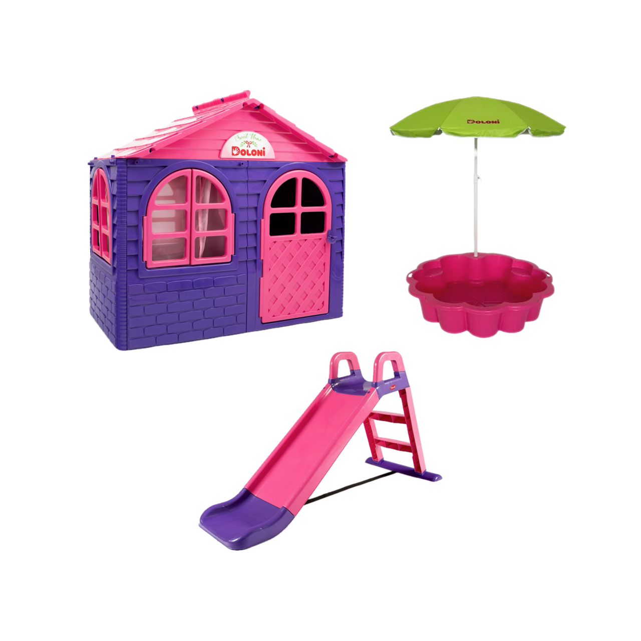НАБІР Маленький дитячий пластиковий будиночок зі шторками, гірка та пісочниця-басейн в формі квітки з парасолькою ТМ Doloni, фото 1