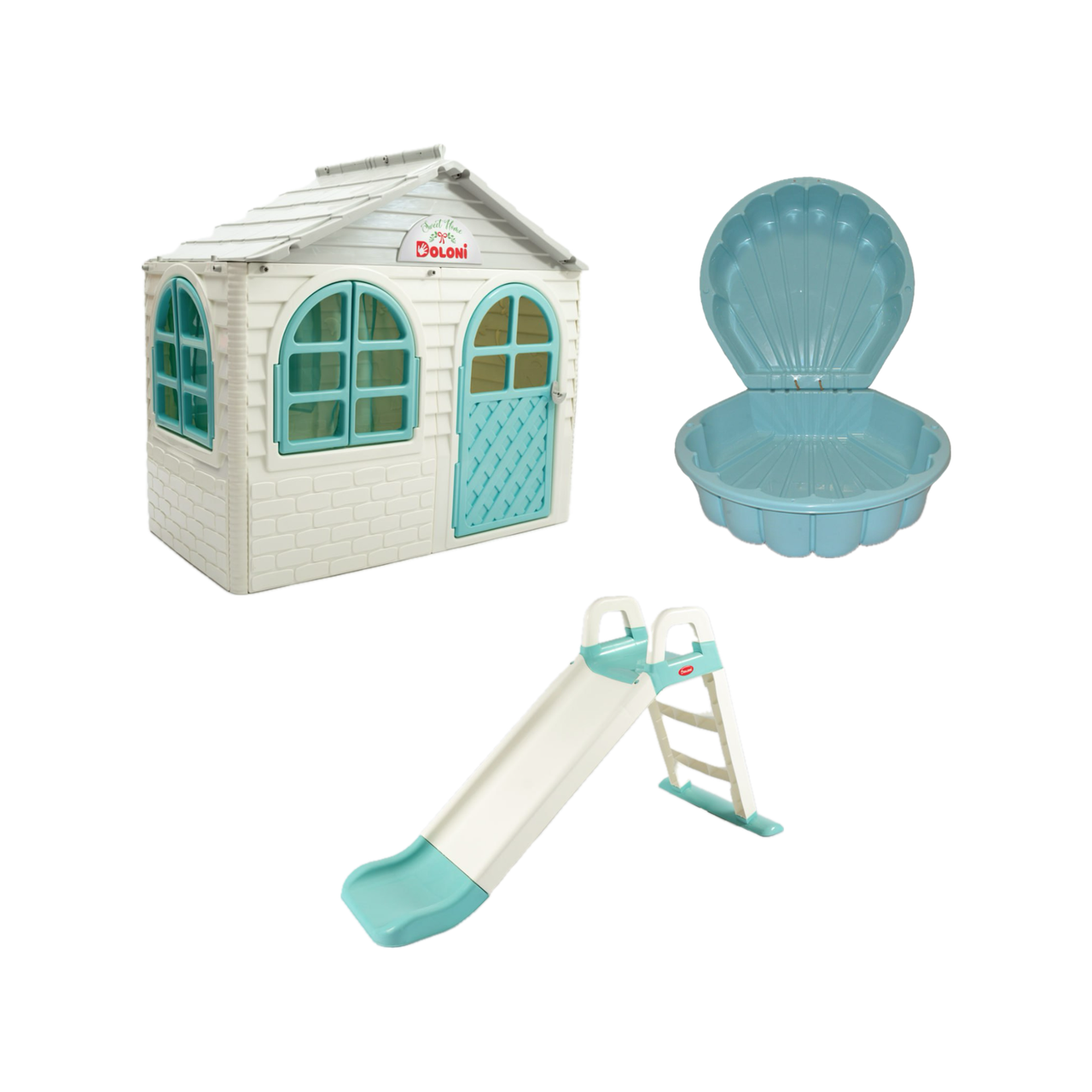 НАБІР Маленький дитячий ігровий пластиковий будиночок зі шторками, маленька гірка та пісочниця-мушля ТМ Doloni, фото 1
