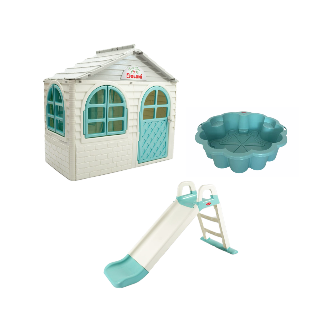 НАБІР Маленький дитячий ігровий пластиковий будиночок зі шторками, маленька гірка та пісочниця-басейн в формі квітки ТМ Doloni, фото 1